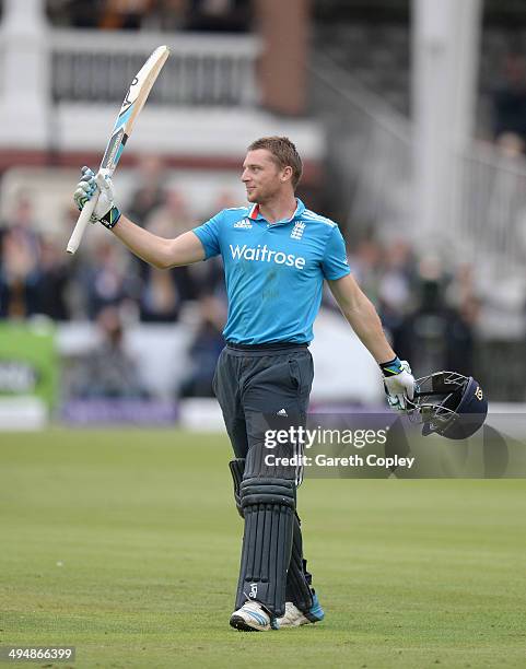 Jos Buttler of England celebrates reaching his century during the 4th Royal London One Day International match between England and Sri Lanka at...