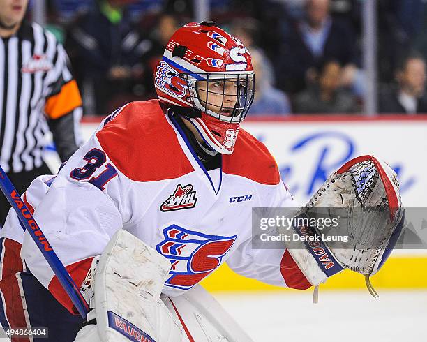 Tyson Verhelst of the Spokane Chiefs skates against the Calgary Hitmen during a WHL game at Scotiabank Saddledome on October 29, 2015 in Calgary,...