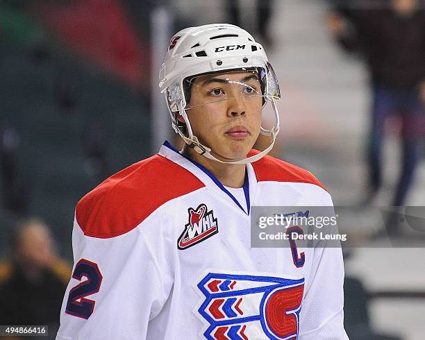 Jason Fram of the Spokane Chiefs skates against the Calgary Hitmen during a WHL game at Scotiabank Saddledome on October 29, 2015 in Calgary,...