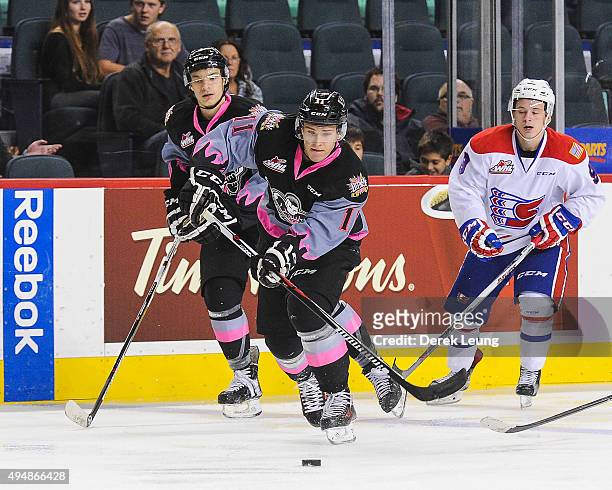 Beck Malenstyn of the Calgary Hitmen skates against the Spokane Chiefs during a WHL game at Scotiabank Saddledome on October 29, 2015 in Calgary,...
