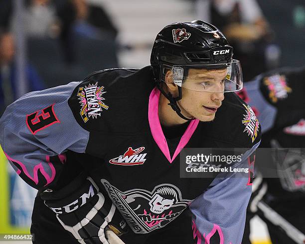 Kenton Helgesen of the Calgary Hitmen skates against the Spokane Chiefs during a WHL game at Scotiabank Saddledome on October 29, 2015 in Calgary,...