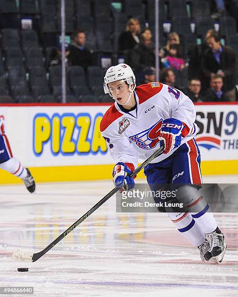 Kailer Yamamoto of the Spokane Chiefs skates against the Calgary Hitmen during a WHL game at Scotiabank Saddledome on October 29, 2015 in Calgary,...