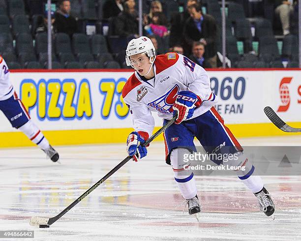 Kailer Yamamoto of the Spokane Chiefs skates against the Calgary Hitmen during a WHL game at Scotiabank Saddledome on October 29, 2015 in Calgary,...