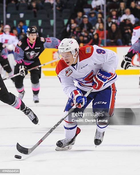 Keanu Yamamoto of the Spokane Chiefs skates against the Calgary Hitmen during a WHL game at Scotiabank Saddledome on October 29, 2015 in Calgary,...