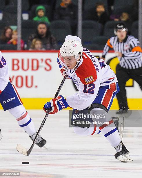 Markson Bechtold of the Spokane Chiefs skates against the Calgary Hitmen during a WHL game at Scotiabank Saddledome on October 29, 2015 in Calgary,...