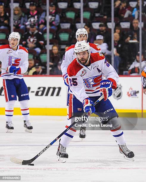 Riley Whittingham of the Spokane Chiefs skates against the Calgary Hitmen during a WHL game at Scotiabank Saddledome on October 29, 2015 in Calgary,...