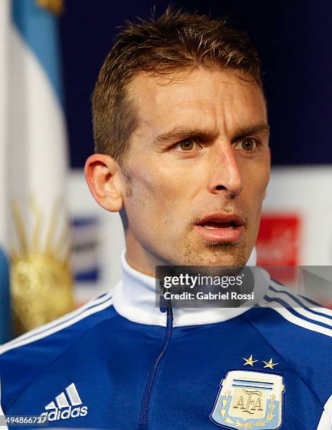 Hugo Campagnaro looks on during a press conference at Ezeiza Training Camp on May 31, 2014 in Ezeiza, Argentina.