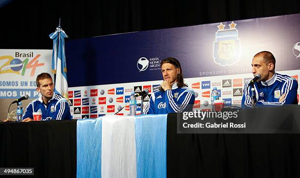 Hugo Campagnaro, Martin Demichelis and Pablo Zabaleta attend a press conference at Ezeiza Training Camp on May 31, 2014 in Ezeiza, Argentina.