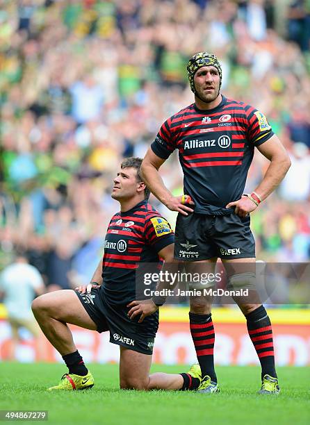 Schalk Brits and Kelly Brown of Saracens look on during the Aviva Premiership Final between Saracens and Northampton Saints at Twickenham Stadium on...