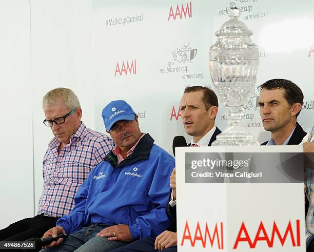 Trainer Mick Price, Godolphin spokesperson Darren Beadman, Hugh Bowman, Dwayne Dunn are seen during the Victoria Derby press conference at Flemington...