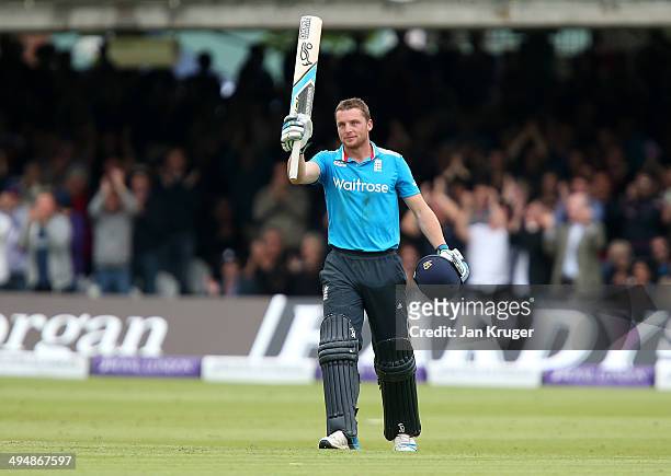 Jos Buttler of England celebrates his century during the 4th Royal London One Day International match between England and Sri Lanka at Lord's Cricket...
