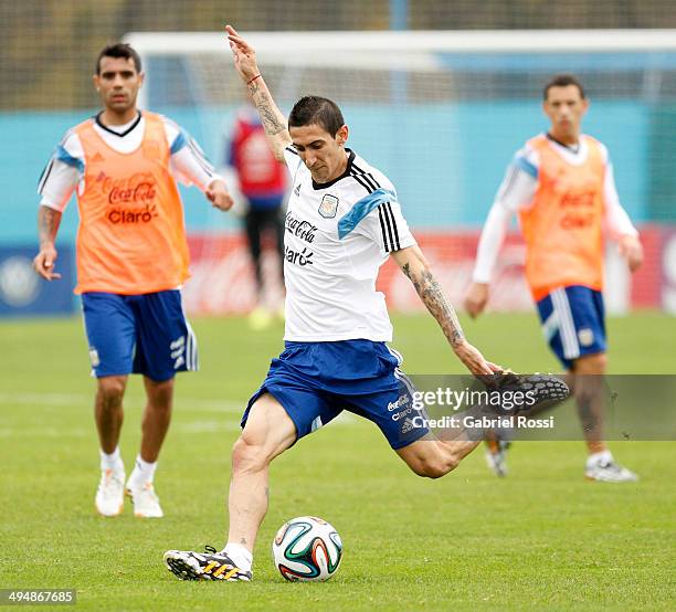 Angel Di Maria of Argentina kicks the ball during an Argentina training session at Ezeiza Training Camp on May 31, 2014 in Ezeiza, Argentina.