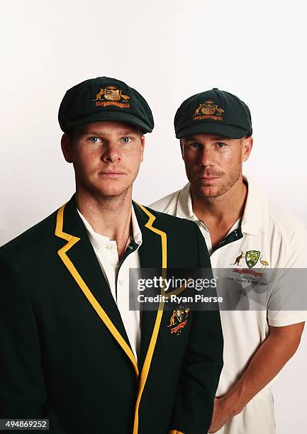 Steve Smith and David Warner of Australia pose during an Australian Test Cricket Portrait Session on October 19, 2015 in Sydney, Australia.