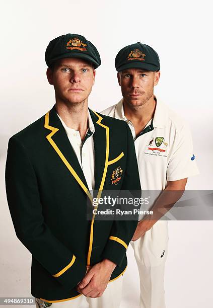 Steve Smith and David Warner of Australia pose during an Australian Test Cricket Portrait Session on October 19, 2015 in Sydney, Australia.