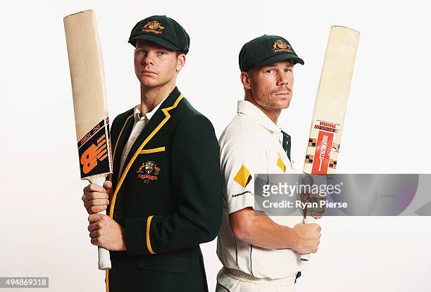 Steve Smith and David Warner of Australia pose during an Australian Test Cricket Portrait Session on October 19, 2015 in Sydney, Australia.