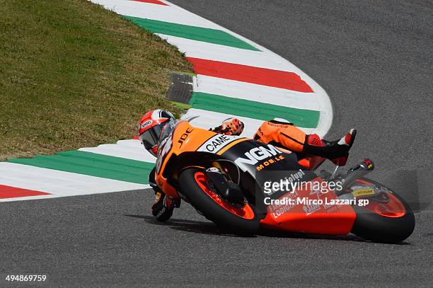 Mattia Pasini of Italy and NGM Forward Racing crashed out during the MotoGp of Italy - Qualifying at Mugello Circuit on May 31, 2014 in Scarperia,...