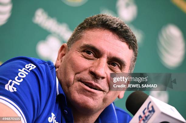 Honduras soccer team head coach Luis Fernando Suarez speaks during a press conference at the BBVA Compass Stadium in Houston, Texas, on May 31 a day...