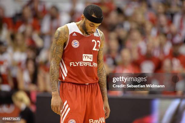 Malcolm Delaney of Munich looks down during game three of the 2014 Beko BBL Playoffs Semi-Final between FC Bayern Muenchen and EWE Baskets Oldenburg...