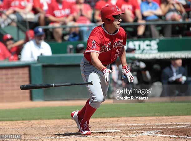 David Murphy of the Los Angeles Angels of Anaheim hits in the fourth inning against the Texas Rangers at Rangers Global Life Park in Arlington on...