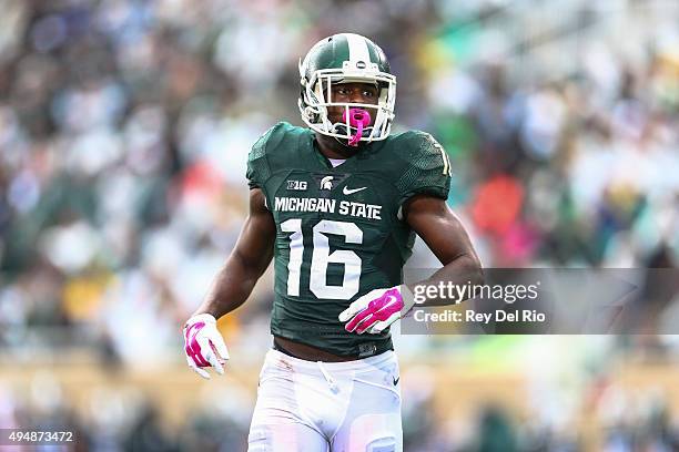 Aaron Burbridge of the Michigan State Spartans during the game in the first quarter against the Indiana Hoosiers at Spartan Stadium on October 24,...