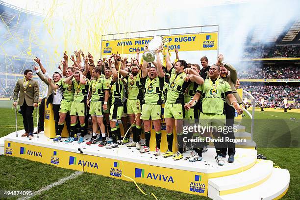 Northampton Saints celebrate after winning the Aviva Premiership Final between Saracens and Northampton Saints at Twickenham Stadium on May 31, 2014...