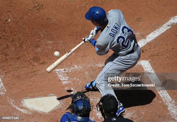 Norichika Aoki of the Kansas City Royals bats in the third inning during MLB game action against the Toronto Blue Jays on May 31, 2014 at Rogers...