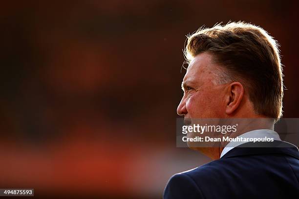 Netherlands Manager, Louis van Gaal looks on prior to the International Friendly match between Netherlands and Ghana at De Kuip on May 31, 2014 in...