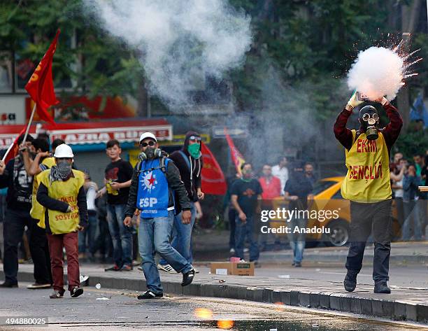 Police in Ankara interfere the group gathering in Kizilay on May 31, 2014 to mark the 1st anniversary of last year's Gezi Park protests which began...