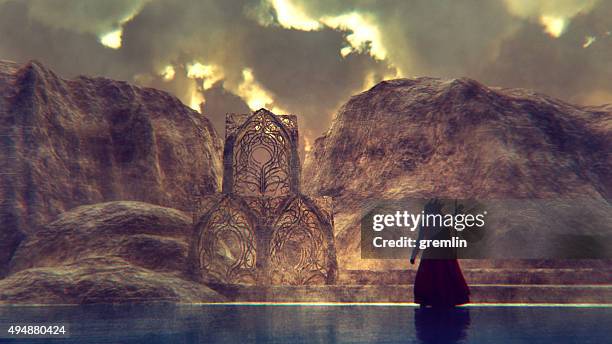 fantasy warrior approaching ancient temple - villain stockfoto's en -beelden