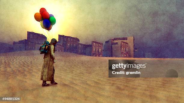 lone apocalypse survivor marche avec ballons - jugement dernier photos et images de collection