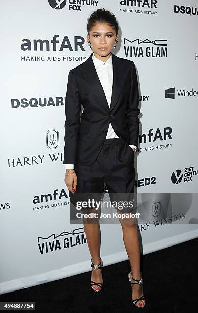 Actress Zendaya arrives at amfAR's Inspiration Gala Los Angeles at Milk Studios on October 29, 2015 in Hollywood, California.