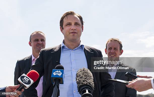 Uber boss David Rohrsheim, ACT Chief Minister Andrew Barr and Minister Shane Rattenbury launch UberX on October 30, 2015 in Canberra, Australia. The...