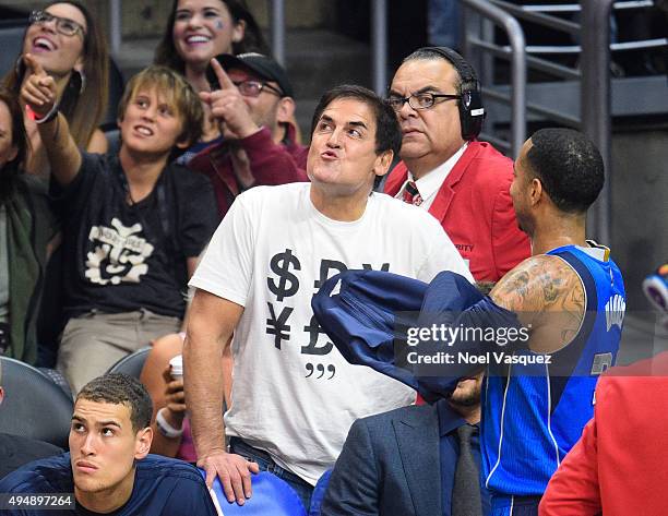 Mark Cuban blows kisses at a basketball game between the Dallas Mavericks and the Los Angeles Clippers at Staples Center on October 29, 2015 in Los...