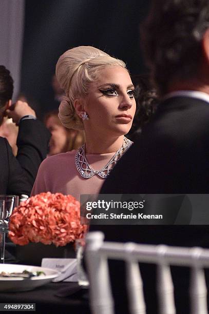 Singer Lady Gaga wearing Harry Winston at amfAR's Inspiration Gala Los Angeles at Milk Studios on October 29, 2015 in Hollywood, California.