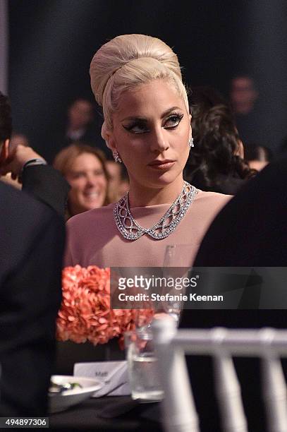 Singer Lady Gaga wearing Harry Winston at amfAR's Inspiration Gala Los Angeles at Milk Studios on October 29, 2015 in Hollywood, California.
