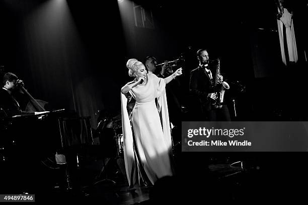 Recording artist/actress Lady Gaga performs onstage during amfAR's Inspiration Gala Los Angeles at Milk Studios on October 29, 2015 in Hollywood,...