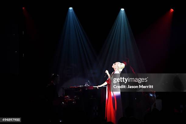 Recording artist/actress Lady Gaga performs onstage during amfAR's Inspiration Gala Los Angeles at Milk Studios on October 29, 2015 in Hollywood,...