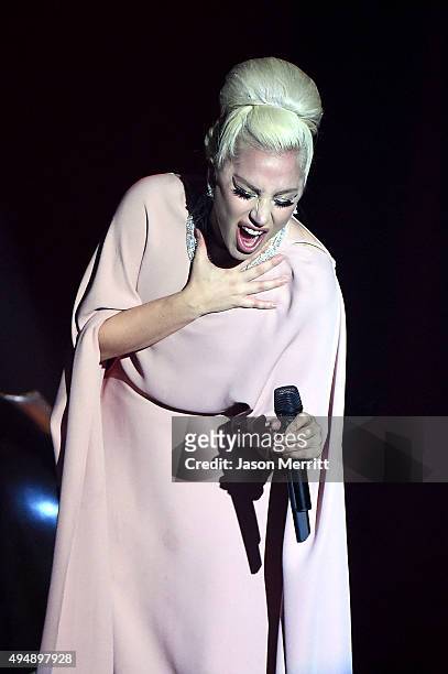 Musician Lady Gaga performs onstage during amfAR's Inspiration Gala Los Angeles at Milk Studios on October 29, 2015 in Hollywood, California.