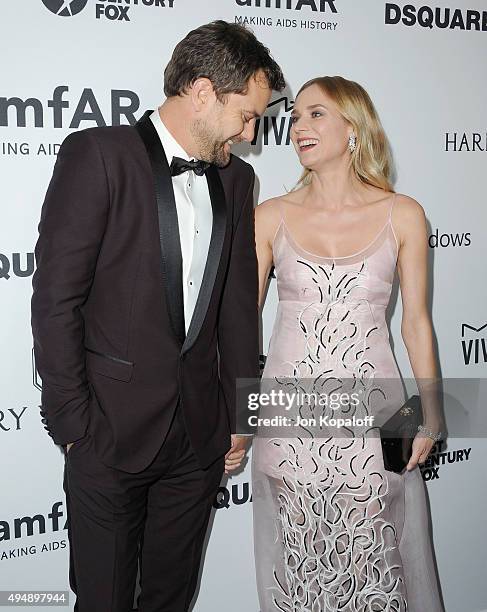 Actor Joshua Jackson and actress Diane Kruger arrive at amfAR's Inspiration Gala Los Angeles at Milk Studios on October 29, 2015 in Hollywood,...