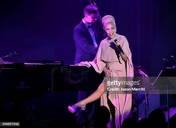 Musician Lady Gaga performs onstage during amfAR's Inspiration Gala Los Angeles at Milk Studios on October 29, 2015 in Hollywood, California.