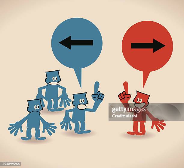 contrarian standing out from the crowd, leader has opposite views - muster point stock illustrations