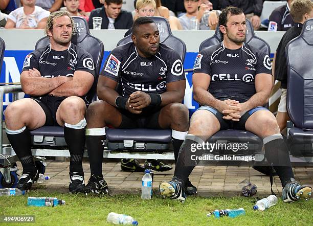 Jannie Du Plessis, Tendai 'Beast' Mtawarira and captain Bismarck du Plessis of the Cell C Sharks during the Super Rugby match between Cell C Sharks...