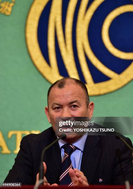 Japan's national rugby team coach Eddie Jones speaks at a press conference in Tokyo as he leaves the Japanese team after taking part in the Rugby...
