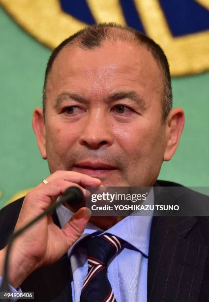 Japan's national rugby team coach Eddie Jones speaks at a press conference in Tokyo as he leaves the Japanese team after taking part in the Rugby...