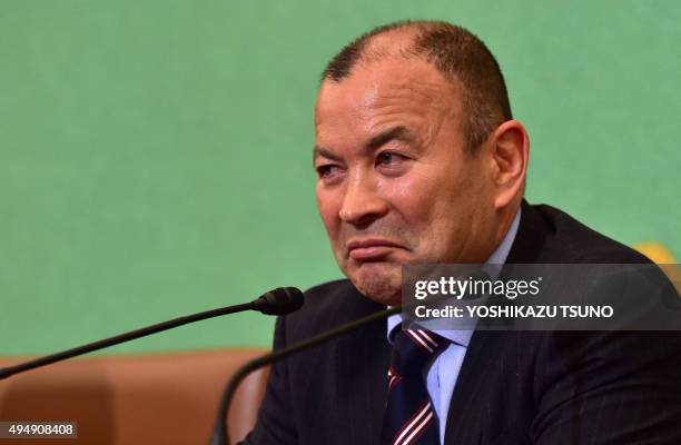 Japan's national rugby team coach Eddie Jones speaks at a press conference in Tokyo as he leaves the Japanese team after taking part in the Rugby...