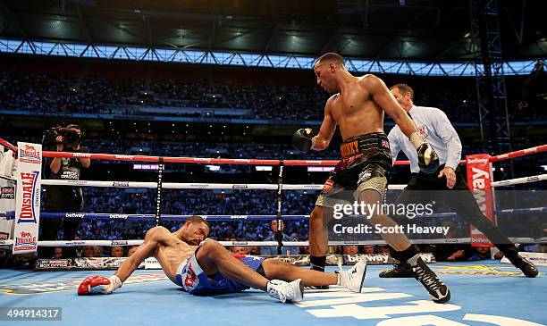 James Degale in action with Brandon Gonzalez during their IBF World Super Middleweight Final Eliminator bout at Wembley Stadium on May 31, 2014 in...