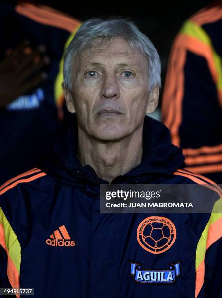 Colombia's coach, Argentine Jose Pekerman gestures during the anthem ceremony before the start of a friendly football match against Senegal at Pedro...