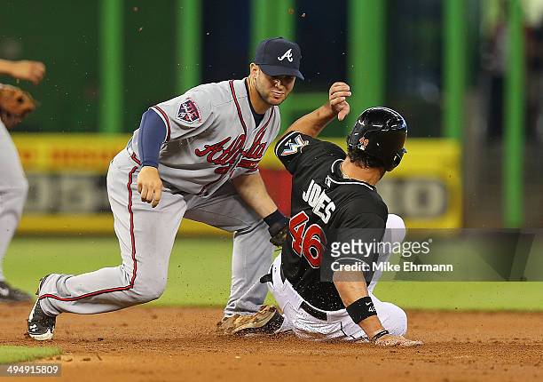 Tommy La Stella of the Atlanta Braves tags out Garrett Jones of the Miami Marlins trying to steal during a game at Marlins Park on May 31, 2014 in...