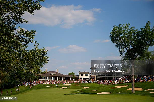 General view of the 18th hole during the third round of the Memorial Tournament presented by Nationwide Insurance at Muirfield Village Golf Club on...