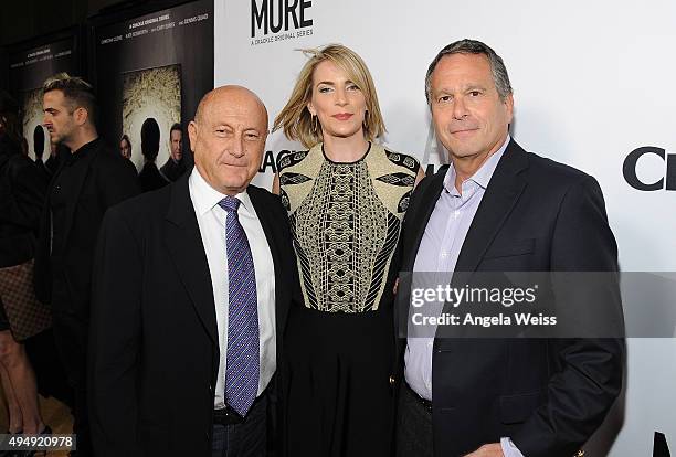 Executive producers Laurence Mark, Tamara Chestna and showrunner/EP Gardner Stern arrive at the premiere of Crackle's "The Art of More" at Sony...